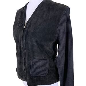 Vintage Size M Black Suede Leather Cropped Jacket Ribbed Knit Sleeves & Back Zip